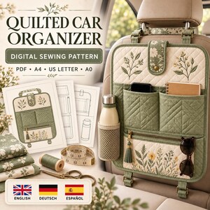 PDF-Nähanleitung für einen gesteppten Autositz-Organizer, Rücksitz-Organizer mit Reißverschluss und Flaschenhalter