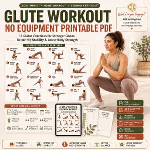 Peut inclure: Un guide d'entraînement des fessiers en PDF imprimable présentant 16 exercices, dont des squats, des fentes et des ponts. Le document comprend un planificateur hebdomadaire, un suivi mensuel et des instructions pour le sport à domicile.