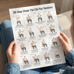 May include: A 30-Day Chair Tai Chi for Seniors guide. The white paper shows 16 illustrated Tai Chi exercises, each with a brief description. The exercises include Opening Breath, Cloud Hands, and Golden Ball Hold.