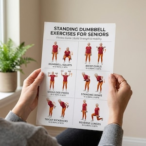 Peut inclure: Un guide de fitness blanc intitulé Standing Dumbbell Exercises for Seniors présentant des illustrations d'une personne en t-shirt rouge et legging orange effectuant divers exercices comme des squats, curls, presses et fentes avec haltères.