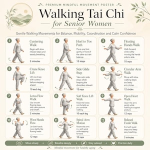 Peut inclure: Une affiche intitulée Walking Tai Chi for Senior Women présentant douze illustrations numérotées d'une personne en vêtements gris clair effectuant divers mouvements. Chaque section inclut des instructions pour des exercices comme Centering Walk.