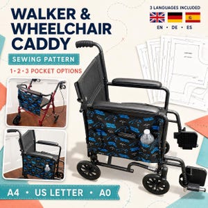 May include: A sewing pattern for a walker and wheelchair caddy featuring Carolina Panthers fabric. The pattern includes instructions for 1, 2, or 3 pocket options and is compatible with A4, US Letter, and A0 paper sizes in English, German, and Spanish.