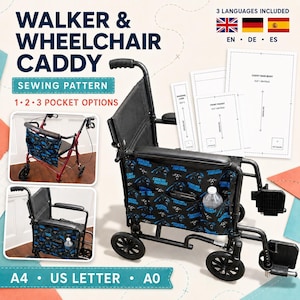 May include: A sewing pattern for a walker and wheelchair caddy featuring Carolina Panthers fabric. The pattern includes instructions for 1, 2, or 3 pocket options, with printed paper templates for the main body, front pocket, and hanging loop included.