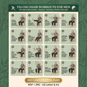 Peut inclure: Infographie verte et blanche intitulée "Tai Chi Chair Workouts for Men" avec 16 mouvements assis. Chaque mouvement est illustré par un homme. Le bas de l'image indique "Instant Download" et "PDF + JPG - US Letter & A4."