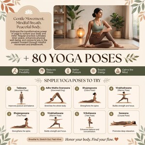 Op de afbeelding: Een informatieve afbeelding over yoga, met een vrouw in een zittende twist-houding. De afbeelding toont de voordelen van yoga, zoals flexibiliteit en stressvermindering, en presenteert meer dan 80 yogahoudingen. Voorbeelden van eenvoudige yogahoudingen worden ook getoond.