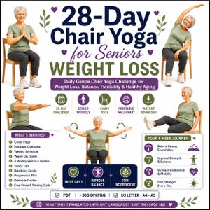 Peut inclure: Un dépliant numérique pour un programme de 28 jours de yoga sur chaise pour seniors. Il présente des images d'une personne en t-shirt vert et pantalon sombre effectuant des poses de yoga sur une chaise, avec du texte détaillant le défi quotidien.