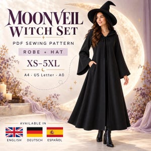Hooded Witch Robe & Hat Sewing Pattern PDF, Bell Sleeves, Halloween Costume, XS-5XL