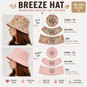 以下が含まれることがあります： 16サイズが含まれるリバーシブルバケットハットの型紙「Breeze Hat」。花柄面とピンクのギンガムチェック面があり、クラウン、サイドパネル、ブリムの各パーツの縫製用図解にはセンチメートル単位の寸法が記載されています。