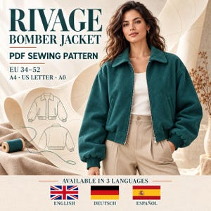May include: A Rivage bomber jacket PDF sewing pattern for sizes EU 34-52, including A4, US Letter, and A0 formats. The image displays a dark teal bomber jacket with a collar, front zipper, and ribbed cuffs, alongside technical line drawings.