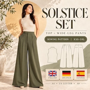 Peut inclure: Un patron de couture pour un ensemble Solstice comprenant un haut sans manches à col montant et un pantalon large taille haute vert olive. Le patron inclut les tailles XXS-3XL, des dessins techniques et les formats A4, US Letter et A0.
