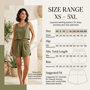 Könnte beinhalten: Ein zweiteiliges olivgrünes Set bestehend aus einem ärmellosen bauchfreien Oberteil und Shorts mit elastischem Bund und geschwungenem Saum. Eine Größentabelle zeigt Maße von XS bis 5XL für Taille, Hüfte, Gesamtlänge und Leibhöhe zum Nähen.