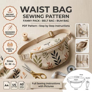 Waist Bag Sewing Pattern PDF, Fanny Pack Pattern, Belt Bag Sewing Pattern, Crossbody Bag, Bum Bag PDF, Beginner Sewing, Instant Download