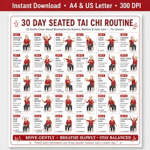 Peut inclure: Un tableau de routine de Tai Chi assis sur 30 jours présentant 30 exercices quotidiens illustrés pour les seniors. L'affiche blanche comprend du texte rouge, des cases numérotées pour chaque jour et des instructions pour des mouvements sur chaise.