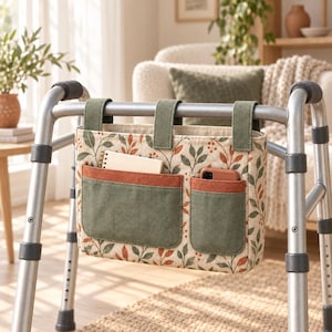 May include: A walker storage bag featuring a cream background with a botanical print of green and orange leaves. The bag has three olive green fabric straps for attachment, one large rectangular pocket, and one smaller vertical pocket.