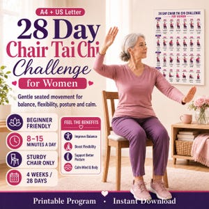 Peut inclure: Un guide de programme imprimable 28 Day Chair Tai Chi Challenge avec du texte et des illustrations d'exercices. Le document comprend un calendrier de 4 semaines, des avantages comme l'équilibre et la souplesse, et des instructions pour débutants.