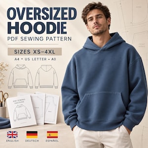 Może przedstawiać: Niebieska bluza z kapturem typu oversize z kieszenią typu kangur, prezentowana obok wykroju krawieckiego w formacie PDF. Tekst głosi OVERSIZED HOODIE PDF SEWING PATTERN, SIZES XS-4XL, A4, US LETTER, A0. Zawiera techniczne rysunki liniowe odzieży.