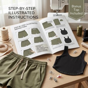 May include: A sewing pattern booklet titled STEP-BY-STEP ILLUSTRATED INSTRUCTIONS featuring diagrams for olive green shorts and a black tank top. Included are olive green shorts with a drawstring, a black tank top, sewing clips, and thread spools.