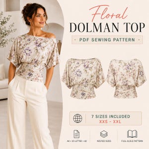 Blommig Dolman-topp PDF-sömnadsmönster, Off Shoulder-blus med fladdermusmönster, storlekar XXS-XXL, A4 Letter A0