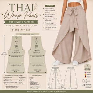 Può includere: Un cartamodello PDF per pantaloni a portafoglio thailandesi con un paio di pantaloni beige a gamba larga con laccio frontale, schemi tecnici con misure in centimetri, tessuti suggeriti e istruzioni per taglie dalla XS alla 5XL.