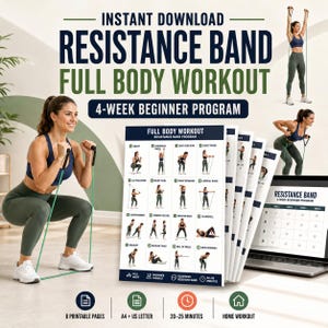Pode incluir: Um guia digital de treino de corpo inteiro com banda de resistência, programa para iniciantes de 4 semanas. O conjunto inclui páginas imprimíveis em A4 e formato carta, exibindo rotinas de exercícios com texto, um laptop e imagens.