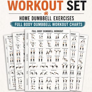 Peut inclure: Un ensemble de cinq tableaux d'entraînement avec haltères imprimables. Le titre indique "DUMBBELL WORKOUT SET" en grandes lettres oranges. Les tableaux affichent divers exercices pour des entraînements complets du corps, avec des illustrations et du texte.