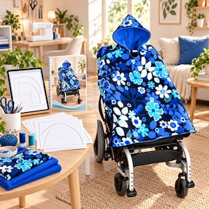 May include: A blue floral hooded wheelchair cover featuring a pattern of white and light blue flowers on a dark blue background. The cover includes a hood with a solid blue interior lining and is draped over a black wheelchair frame.
