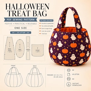 May include: A Halloween treat bag sewing pattern featuring a purple fabric with orange pumpkins, white ghosts, and yellow stars. The bag has two handles, a rounded six-panel body, and an oval base. The finished bag measures 13 x 11 x 7 inches.