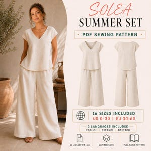Peut inclure: Un patron de couture PDF pour le Solea Summer Set, comprenant un haut à col en V et un pantalon large en tissu beige texturé. L'ensemble inclut 16 tailles, du US 0-30 et EU 30-60, avec des instructions en anglais, espagnol et allemand.