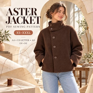 Patrón de costura en PDF para chaqueta de cuello alto, corte holgado forrado para mujer, tallas XS–3XL