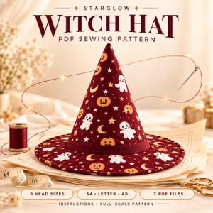Witch Hat Sewing Pattern PDF, Wide Brim Halloween Costume, 8 Sizes, A4/Letter/A0