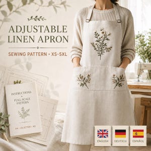 Pode incluir: Um avental de linho bege ajustável com desenhos florais bordados no peito e dois bolsos frontais. O texto diz ADJUSTABLE LINEN APRON, SEWING PATTERN XS-5XL e INSTRUCTIONS + FULL-SCALE PATTERN A4 US LETTER A0.