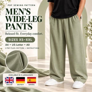 Könnte beinhalten: Ein PDF-Schnittmuster für eine weit geschnittene Hose in den Größen XS-XXL. Das Bild zeigt eine salbeigrüne Hose mit weitem Bein, ein schwarzes T-Shirt und weiße Sneaker. Der Text umfasst PDF SEWING PATTERN, MEN'S WIDE-LEG PANTS, SIZES XS-XXL, A4, US Letter, A0 und 2 PDF FILES: PATTERN + INSTRUCTIONS.