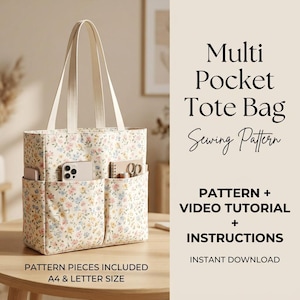 Multi Pocket Tote Bag Sewing Pattern PDF, Canvas Shopper Bag Pattern, Printable Tote Bag Tutorial with Video Guide, Step-byStep Instructions