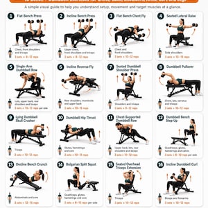 May include: A white informational poster titled DUMBBELL BENCH FULL BODY WORKOUT featuring 16 numbered illustrations of exercises using a weight bench and dumbbells, with text labels for muscle groups and repetition counts for each movement.