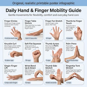 Hand- och fingerövningsrutin utskrivbar PDF | 16 skonsamma handövningar för styrka, flexibilitet och daglig handvård
