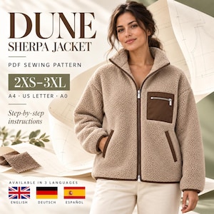 Peut inclure: Une veste en sherpa beige avec un col montant, une fermeture éclair intégrale et une poche poitrine marron foncé zippée. Le texte indique DUNE SHERPA JACKET, PDF SEWING PATTERN, 2XS-3XL, A4, US LETTER, A0, et Step-by-step instructions.