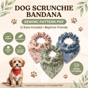 Peut inclure: Un patron de couture PDF pour bandana à chouchou pour chien incluant 11 tailles. L'image montre trois bandanas finis avec des motifs floraux roses, des os et pattes bleus, et des feuilles vertes, ainsi qu'un petit chien portant un bandana rouge à pois.