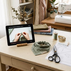 May include: A tablet displaying a DIY dog scrunchie bandana tutorial, a sage green floral fabric scrunchie bandana, a spool of thread, a measuring tape, scissors, and a printed sewing template on a table with fabric stacks and a sewing machine.