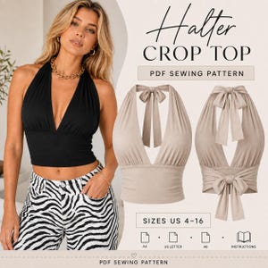 Op de afbeelding: Een PDF-naaipatroon voor een halter crop top in maten US 4-16. De afbeelding toont een zwarte haltertop gedragen met een broek met zebrastrepen, naast twee beige versies van de top met voor- en achteraanzichten met striksluitingen in de nek en taille.