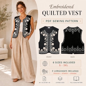 Könnte beinhalten: Eine schwarze Steppweste mit weißer Blumenstickerei, präsentiert als PDF-Schnittmuster. Das Design zeigt Vorder- und Rückansicht, mit 6 Größen von S bis 3XL sowie Anleitungen in Englisch, Spanisch und Deutsch für A4, US Letter und A0 Formate.