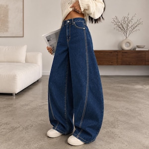 Women's high waist barrel leg jeans sewing pattern PDF, curved seam, baggy denim pants, full-length trousers, DIY jeans pattern, layered PDF