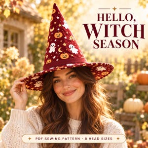 Halloween Witch Hat PDF Sewing Pattern | Cosplay Costume Hat with Tall Pointed Crown, Wide Brim & Removable Band DIY Witch Costume Accessory