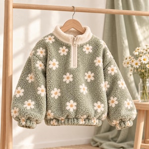 Kids quarter zip sweatshirt PDF sewing pattern, fleece pullover with drop shoulders, layered design for toddlers to 10 yearsdigital download