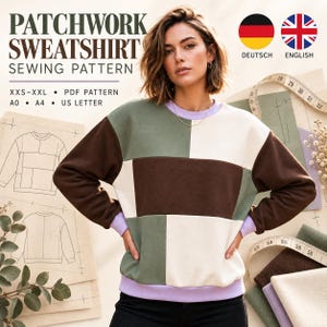 Peut inclure: Un patron de couture pour sweat-shirt patchwork avec le texte PATCHWORK SWEATSHIRT SEWING PATTERN, XXS-XXL, PDF PATTERN, A0, A4, US LETTER. Le sweat-shirt présente un design color-block en vert olive, marron foncé, crème et violet clair.