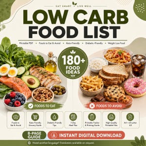 Peut inclure: Un guide numérique intitulé LOW CARB FOOD LIST avec le sous-titre EAT SMART LIVE WELL. Il présente 180+ FOOD IDEAS, montrant des aliments sains comme du saumon, de l'avocat et des noix à gauche, et des aliments à éviter comme des pâtes et des beignets.