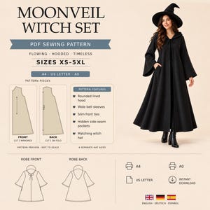 Op de afbeelding: Een PDF-naaipatroon voor de Moonveil Witch Set, bestaande uit een zwarte mantel met capuchon, wijde klokmouwen, smalle strikbandjes, zijzakken en een bijpassende heksenhoed. Maten XS-5XL, beschikbaar in A4, US Letter en A0-formaten.
