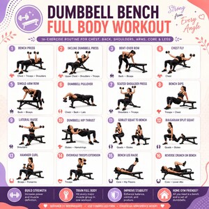 May include: A workout chart titled DUMBBELL BENCH FULL BODY WORKOUT featuring 16 numbered exercise illustrations. Each section displays a person performing a specific movement with dumbbells on a bench, including bench press, rows, and squats.