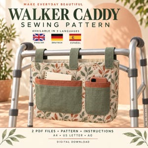 May include: A walker caddy sewing pattern featuring a beige fabric with a green and orange leaf print. The caddy has three top straps for attachment, two large green pockets with orange trim, and contains a notebook and a smartphone inside.