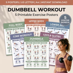 Printable Dumbbell Workout Bundle PDF | Full Body, Arms, Legs, Glutes, Back & Core Exercise Posters | Home Gym Training