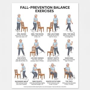 Peut inclure: Une affiche intitulée « EXERCICES D'ÉQUILIBRE POUR LA PRÉVENTION DES CHUTES » présente des illustrations d'exercices pour les personnes âgées. Les exercices comprennent des levées de talons, des bascules talons-orteils, des positions sur une jambe, des marches talons-orteils, des pas latéraux, des balancements latéraux de jambes, des transferts de poids, des marches, des marches arrière, des mini-squats, des rotations assises et des pointes de pieds.
